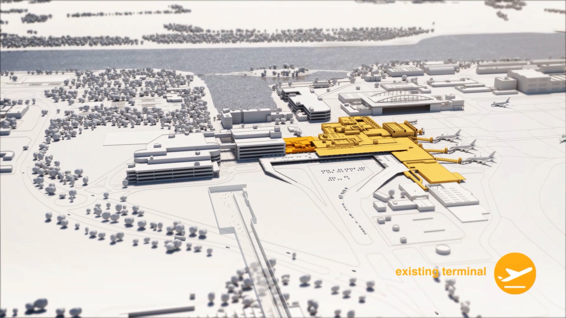Computer generated drawing of an airport, partly highlighted in yellow.