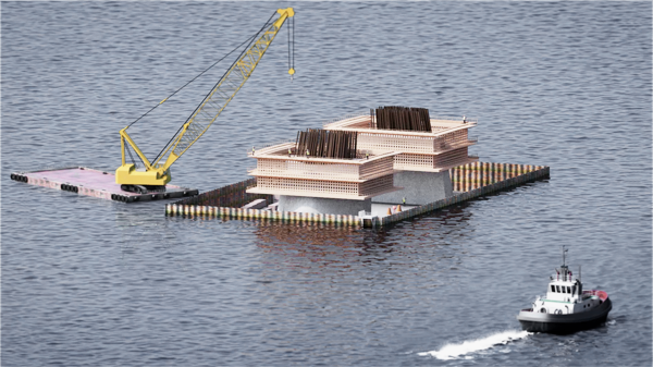Computer generated picture of the construction start of a bridge. Crane is working from a swimming platform.
