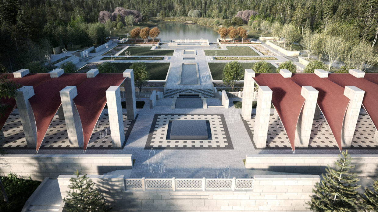 Modern garden with symmetrical shapes and homogeneous, geometrical surfaces at daytime.