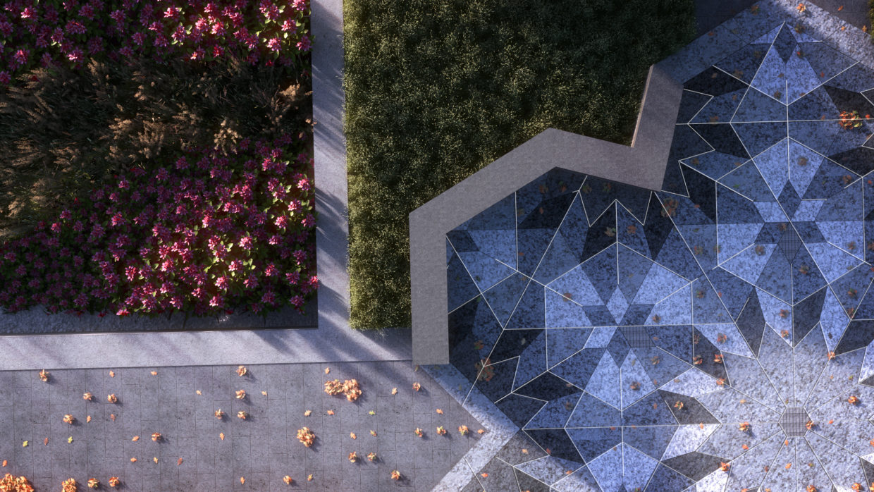 Birds-eye detail view of islamic style tiles in a modern garden in autumn.