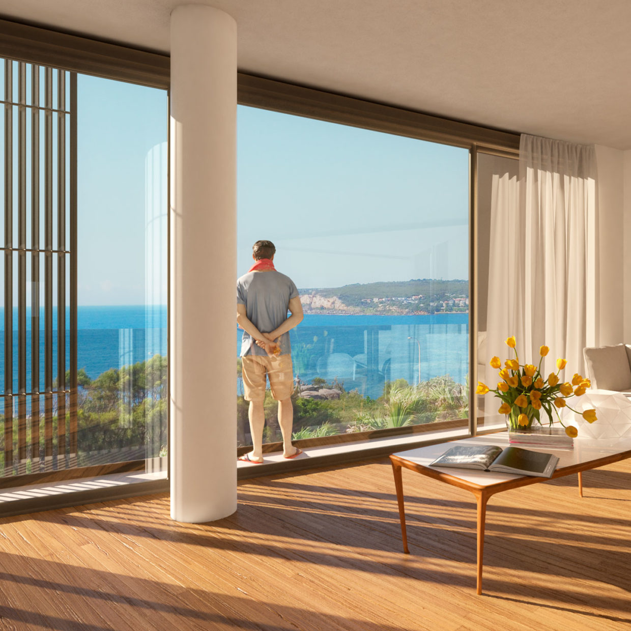 Man standing on a large window of a futuristic building built on a cliff.