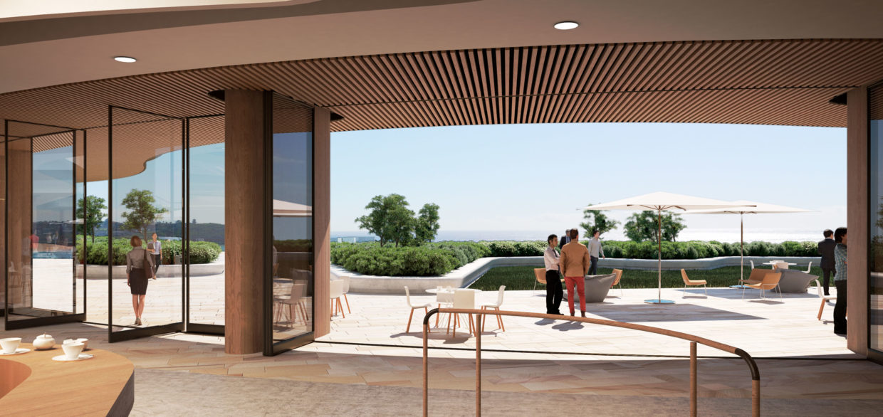 People on the terasse of an exclusive building, sun is shining.