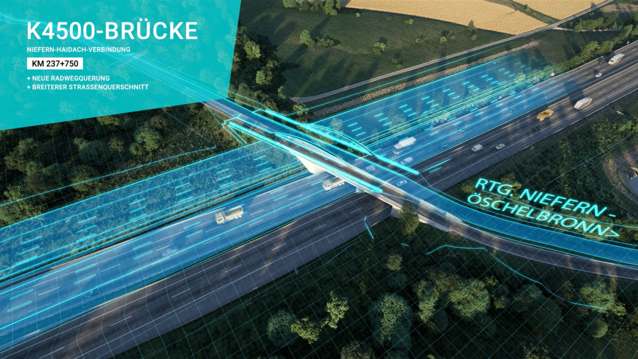 Photo of a highway with highlighted areas showing future parts of the lane section.