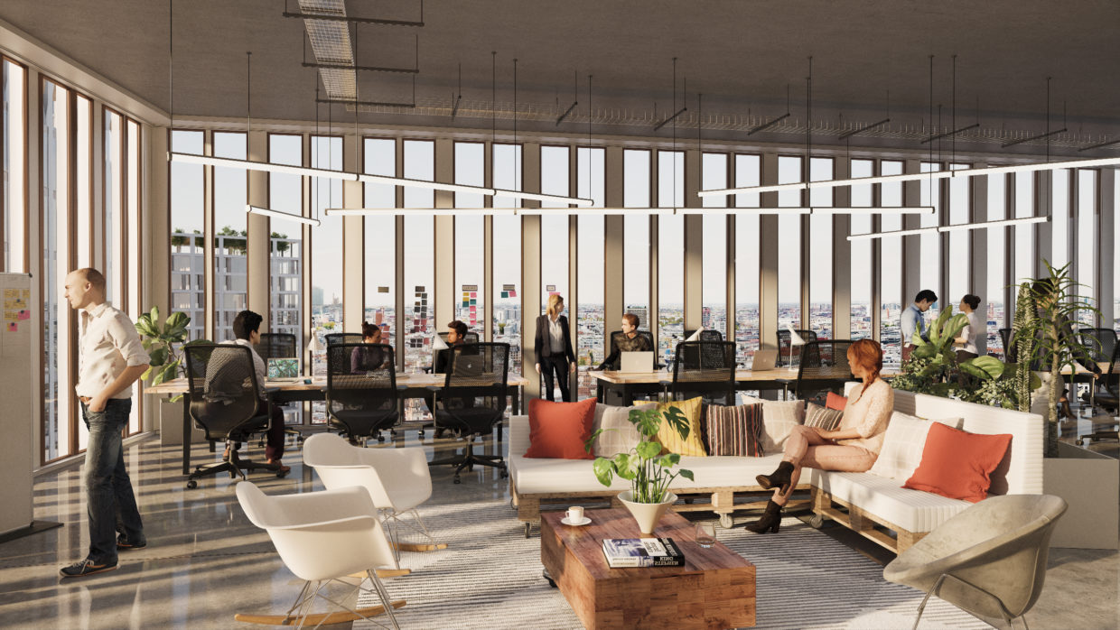 People in an open, modern Co-Working-Space overseeing a city.