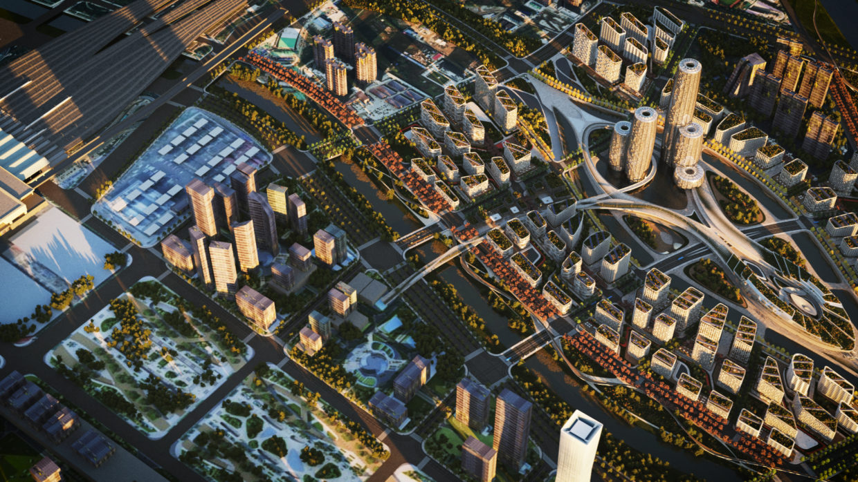 Birds eye view of a modern city quarter with skyscrappers, parks, train station and river.