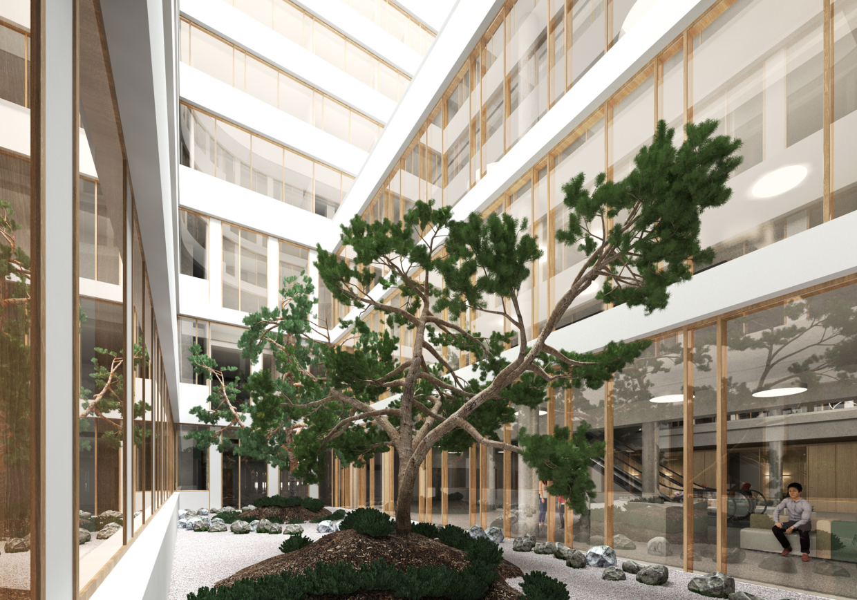 Courtyard of a modern glazed official building.