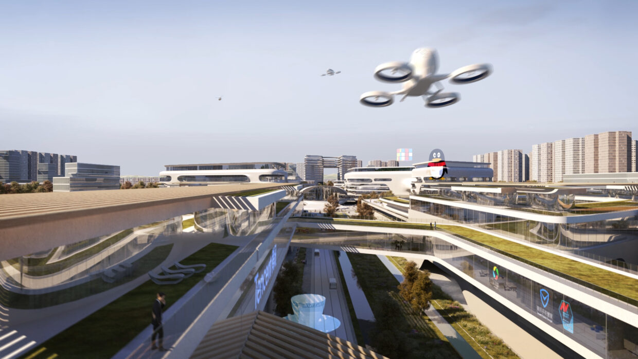 Drones flying over a modern futuristic city.