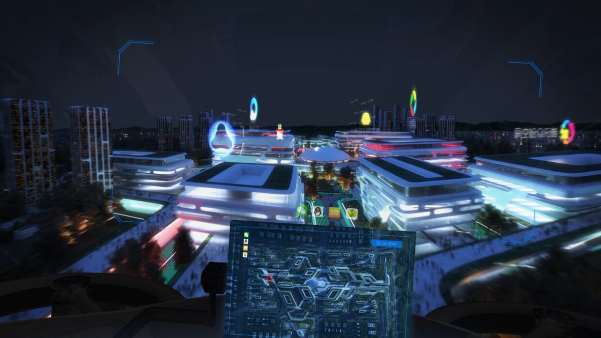 Approaching a futuristic city in a flying object at nighttime, display is showing the landing point.
