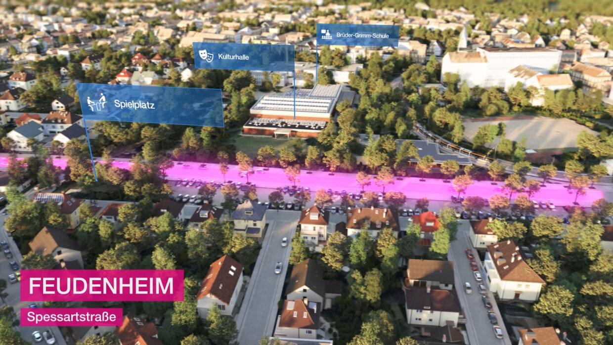 Aerial view of a city quarter, colorful call-outs showing several institutions.