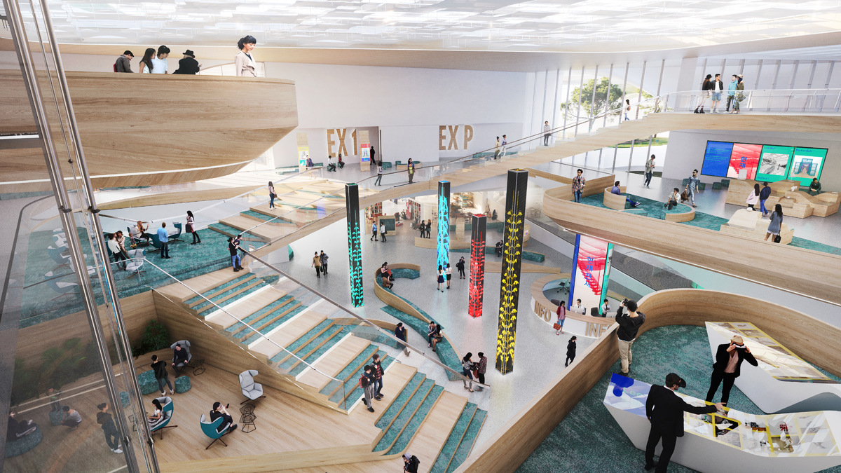 Computer generated image of a modern museum, people sitting, walking and discovering modern art.