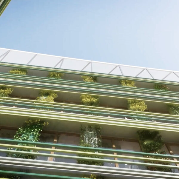Green railings and plants on a building viewed from below. Blue sky and sun.