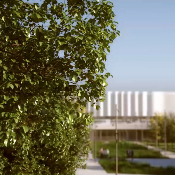 Modern Building on a sunny day, embedded in a park.