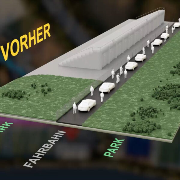 Computer generated picture of an infrastructural project. Road with cars, bikes, pedestrians.