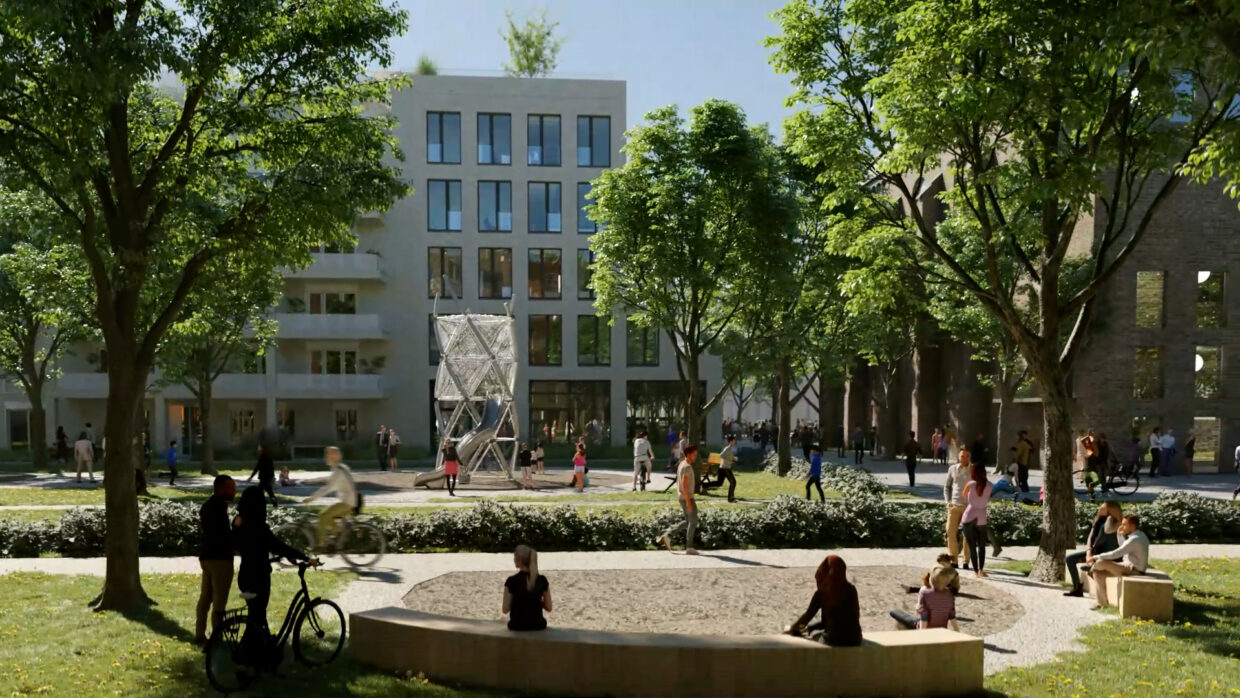 People on a sunny day in a backyard of a new building with playground, surrounded by trees.