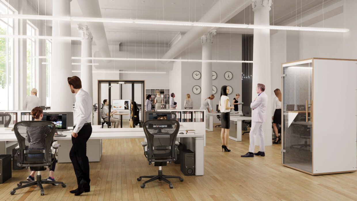 Open office with old beams, big windows, modern lighting, and furniture. People all over the room.