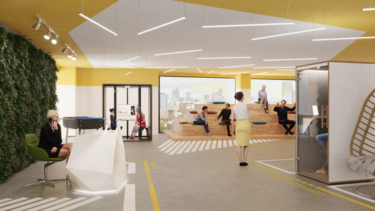 Open, modern, colorful urban office space with reception desk in front of a wall full of plants. People are sitting on a wooden staircase area.