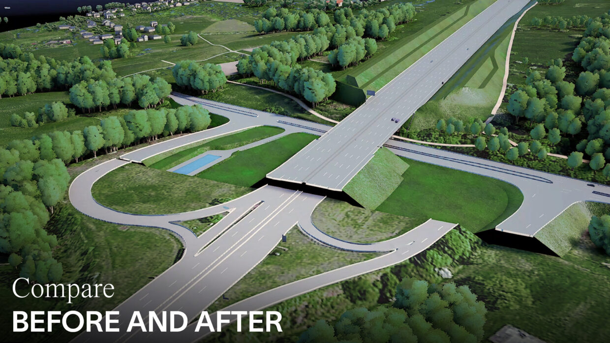 Before and after comparison of a Highway, surrounded by greenery.