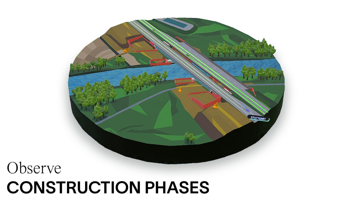 Computer generated detail view of a construction site of a highway bridge over a river.