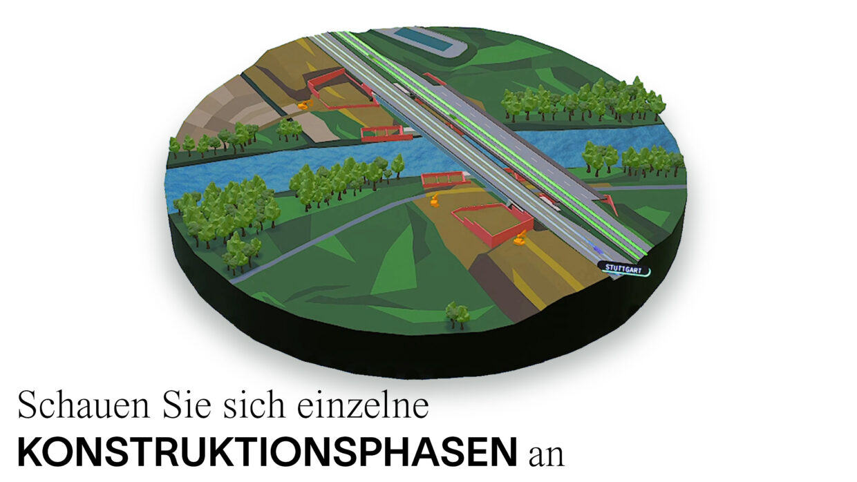 Computergeneriertes Bild von der Konstruktionsphase einer Autobahn. 