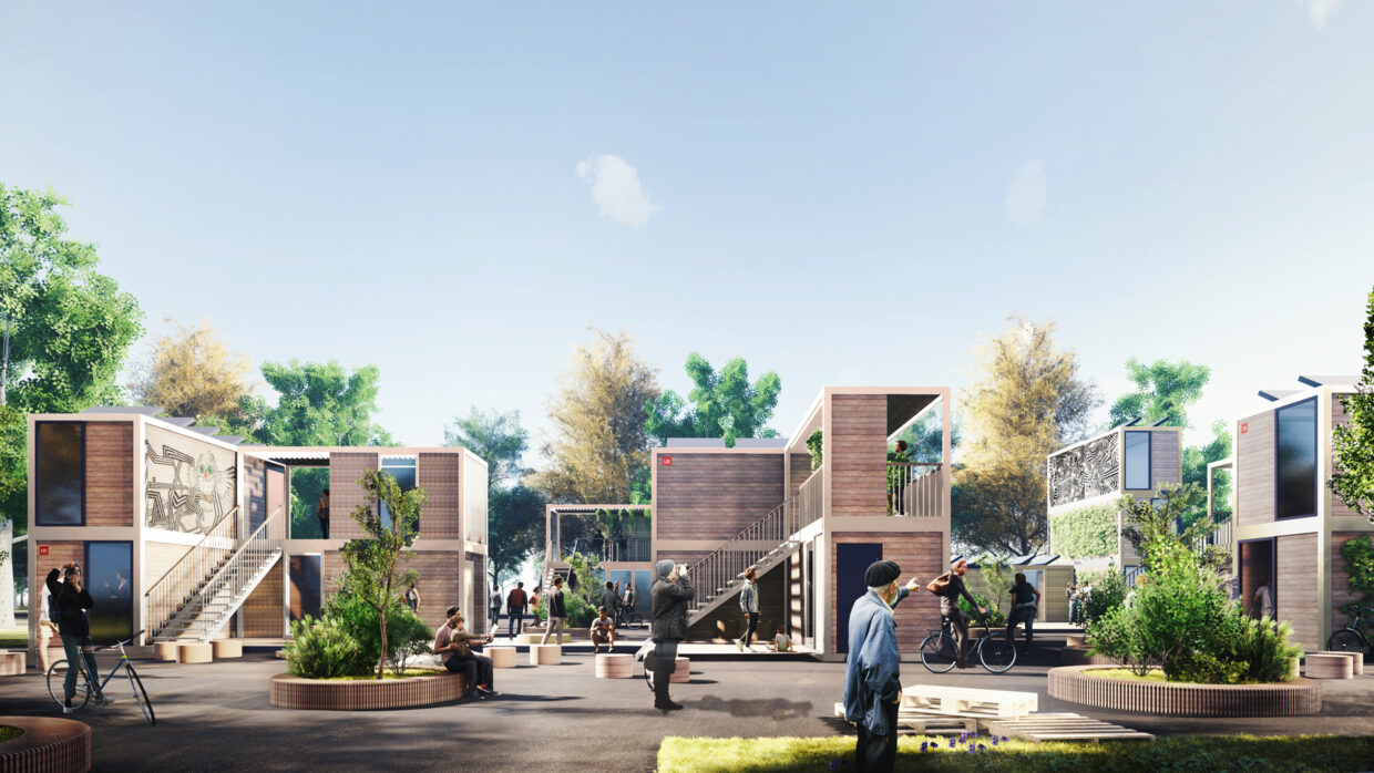 Computer generated image of an urban living quarter made of timber