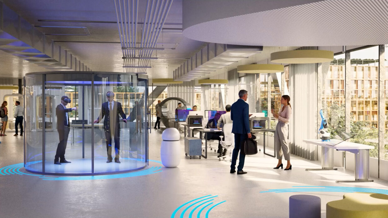 People in a future office.