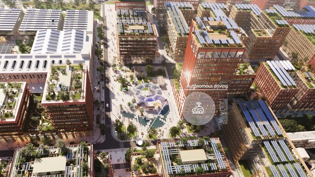 Birds eye view of a future city quarter.