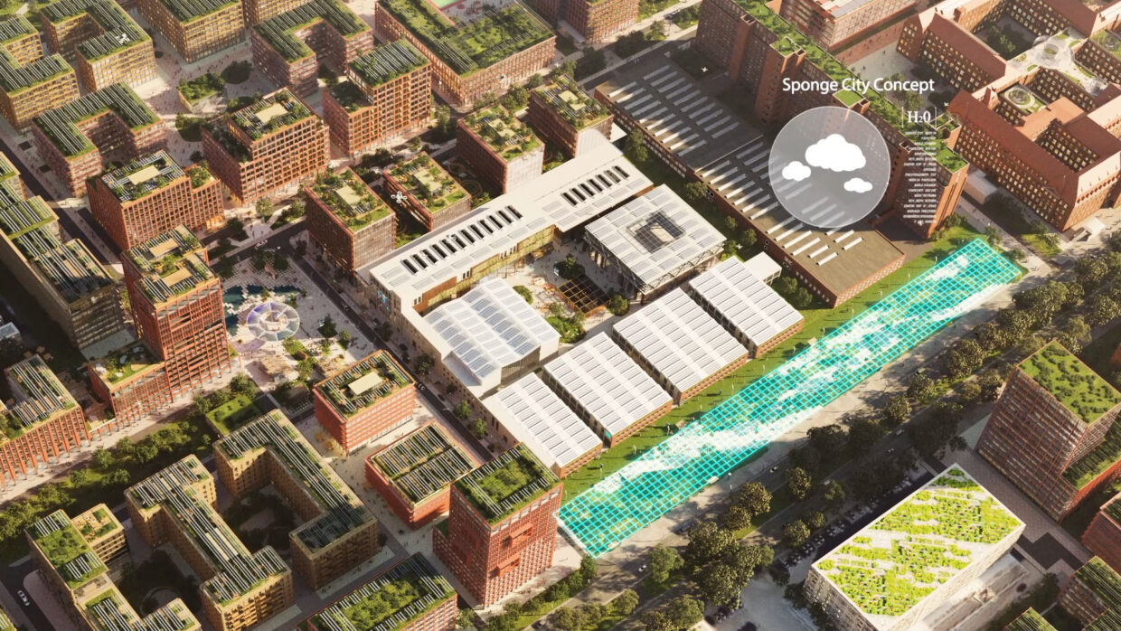 Birds eye view of a red brick urban city quarter