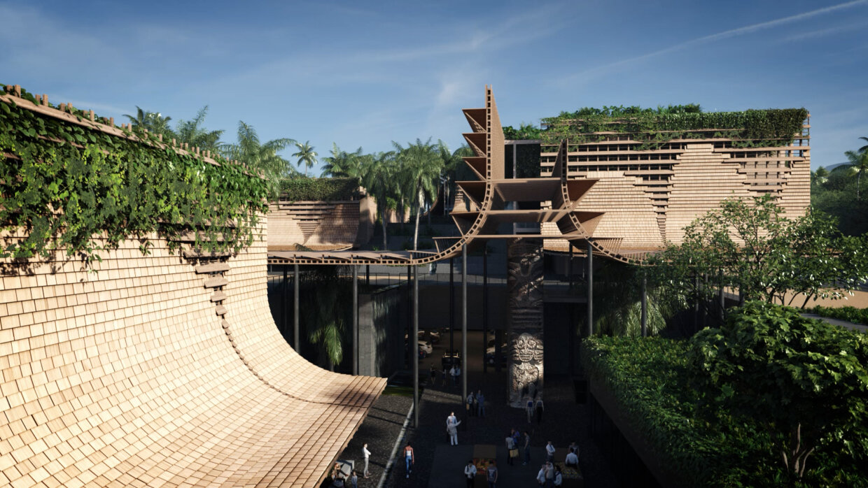 Modern timber constuction with people walking in a yard, surrounded by palmtrees and exotic plants.
